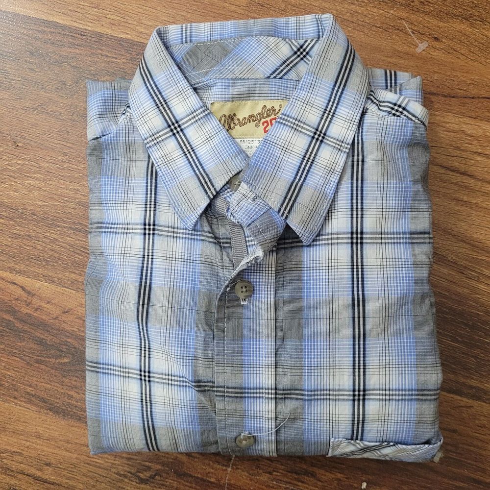 Wrangler‎ Twenty X Shirt Mens Medium Blue Plaid Long Sleeve Button Up  FLAW